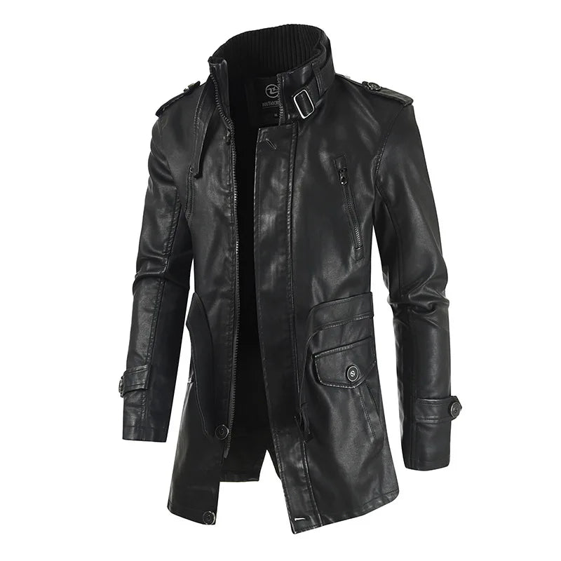 Leather Winter Thick Plush Lining Warm Long Coat