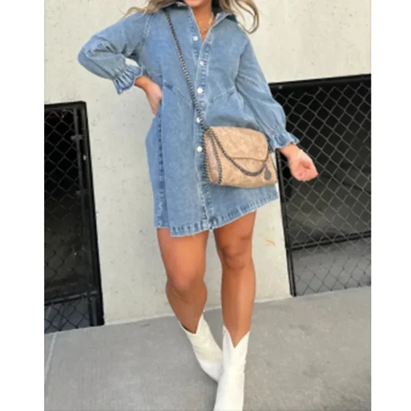 Denim Shirt Dress Collared Lantern Sleeves,