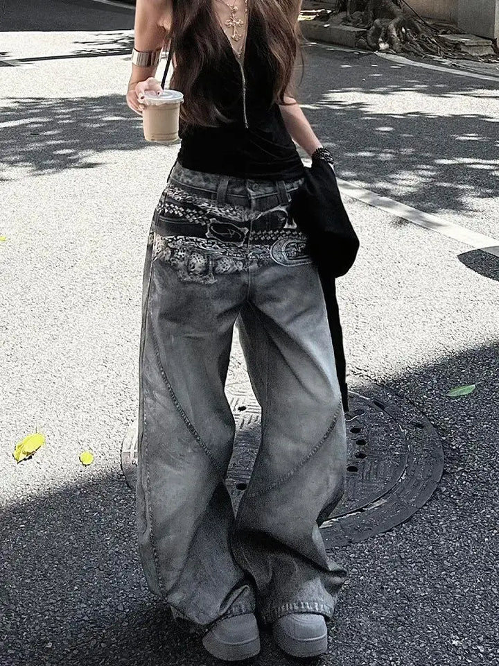BeltPrint High-Waisted Wide Leg Jeans