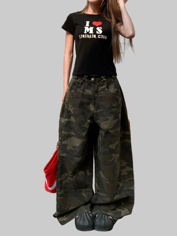 High-Waisted Harajuku Style Camouflaged Denim Pants