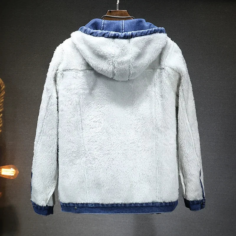 Warm Fleece-Lined Hooded Denim Winter Coat