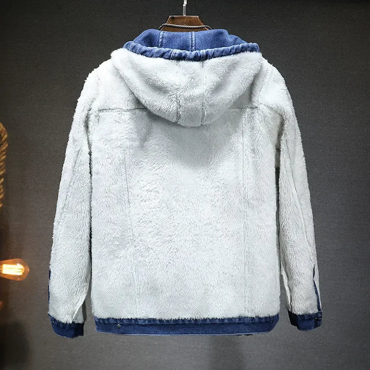 Warm Fleece-Lined Hooded Denim Winter Coat