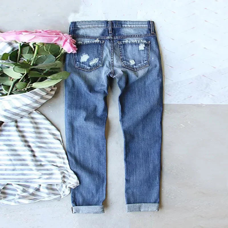 Mid-Waist Jeans with Christmas-Themed Ripped Design