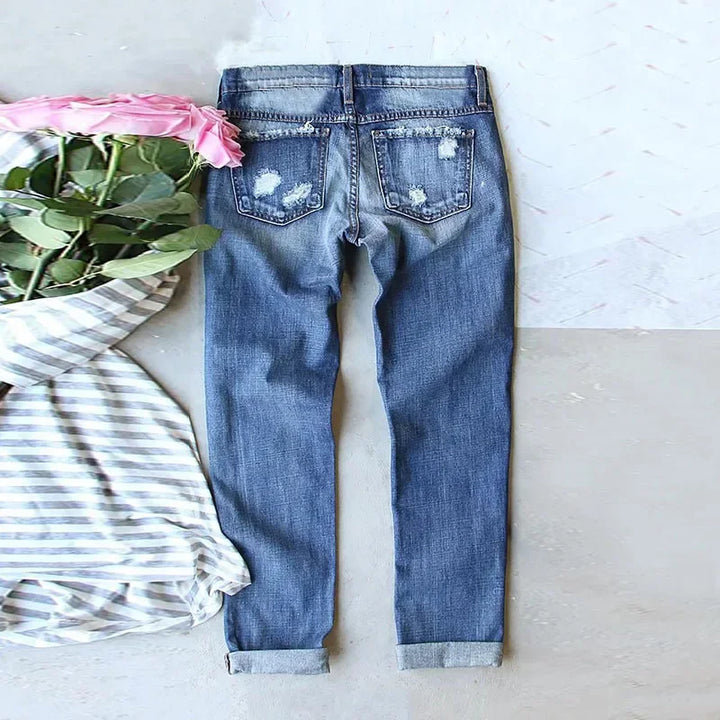 Mid-Waist Jeans with Christmas-Themed Ripped Design