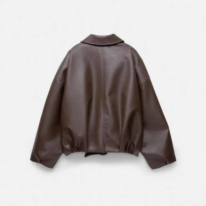 Autumn Folded Collar Zipper Closure PU Leather Jacket