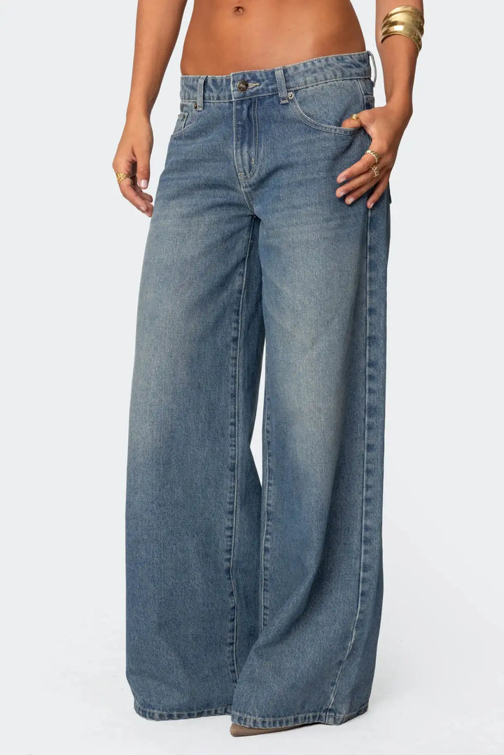 Wide Leg Denim Vintage Bow Print Jeans