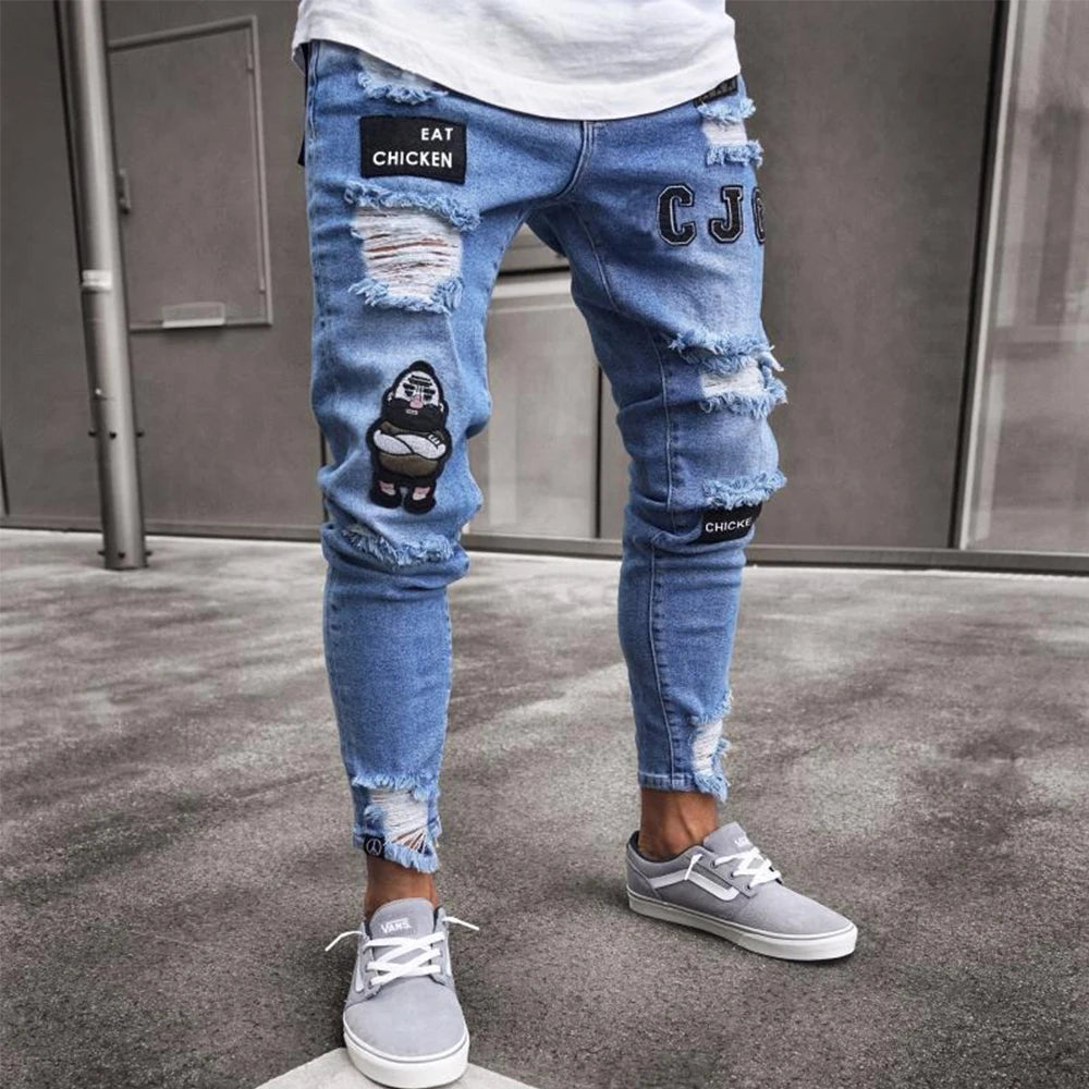 Embroidered Cotton Stretch Skinny Ripped Jeans