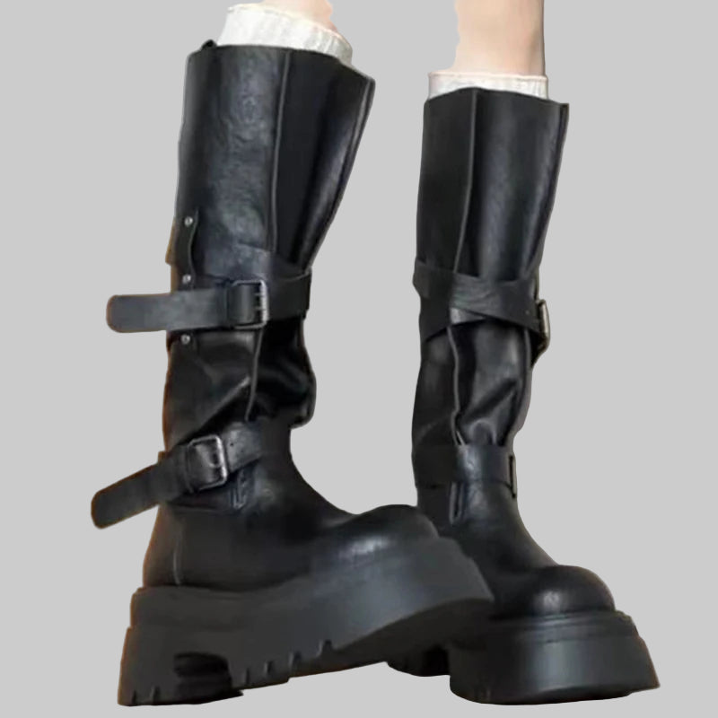 Retro Knee-High Belt Buckle Zipper Boots