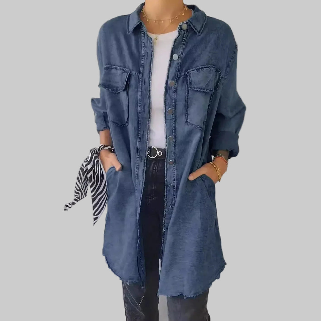 Casual Long Denim Jacket with Ripped Pockets