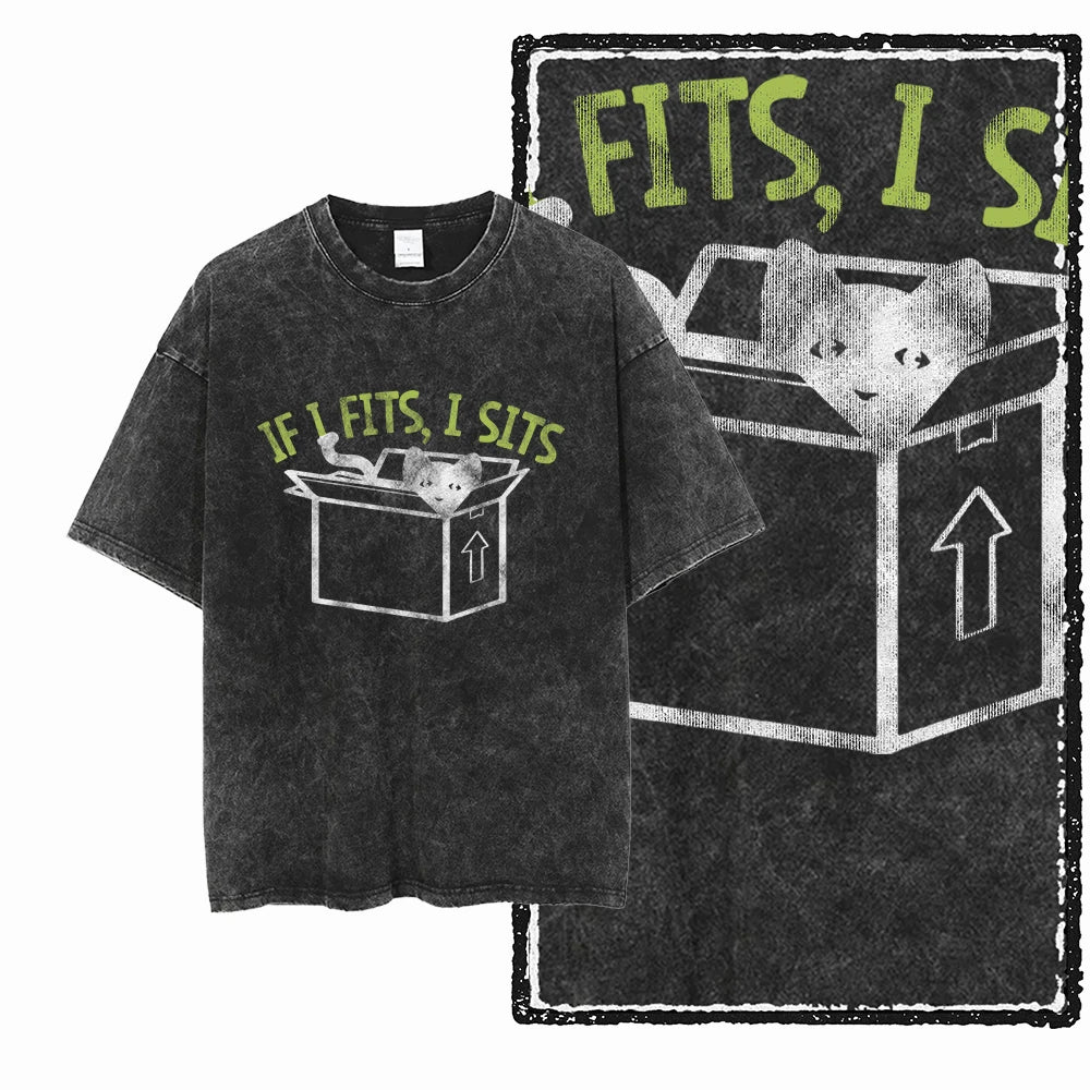 Cat Print Acid Washed Cotton Graphic T-Shirt