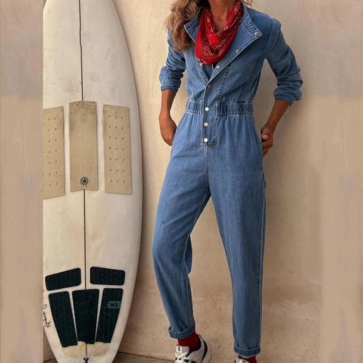 Retro Long Sleeve Slim-Fit Denim Jumpsuit