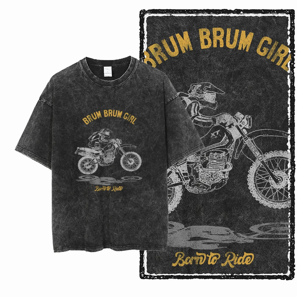 MOTOR CYCLE THEME Printed Cotton Acid Washed Graphic Unisex T Shirt