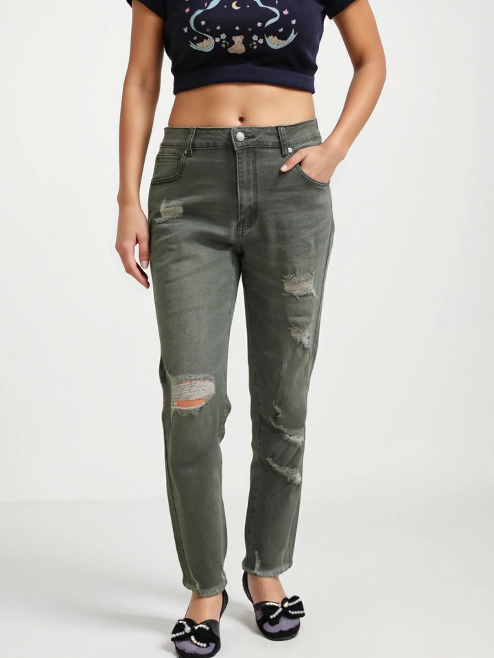 Ripped Olive Green Distressed Boyfriend Jeans