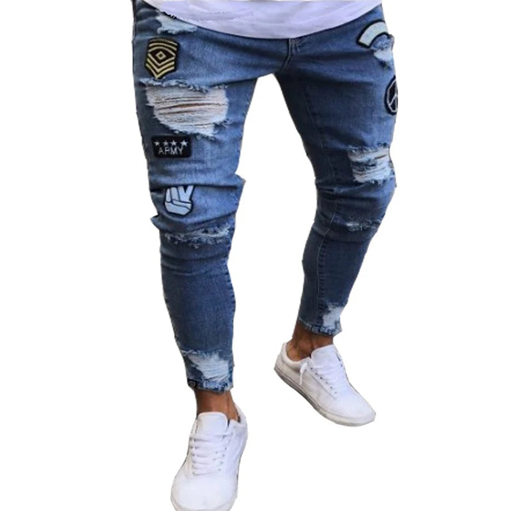 Embroidered Cotton Stretch Skinny Ripped Jeans