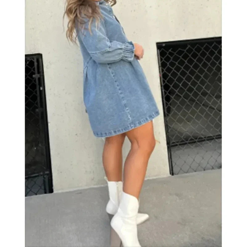 Denim Shirt Dress Collared Lantern Sleeves,