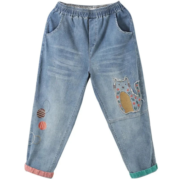 High-Waisted Embroidered Patch Loose Jeans