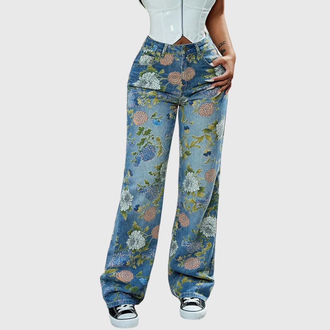 Floral Print High-Waisted Cargo Jeans