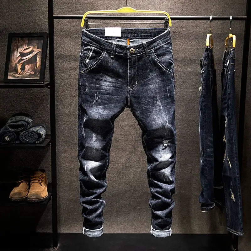 American Style Slim-Fit Ripped Cotton Straight Jeans