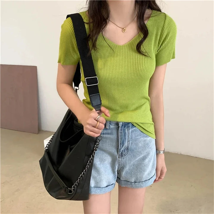 V-Neck Ribbed Knit Summer Sweater