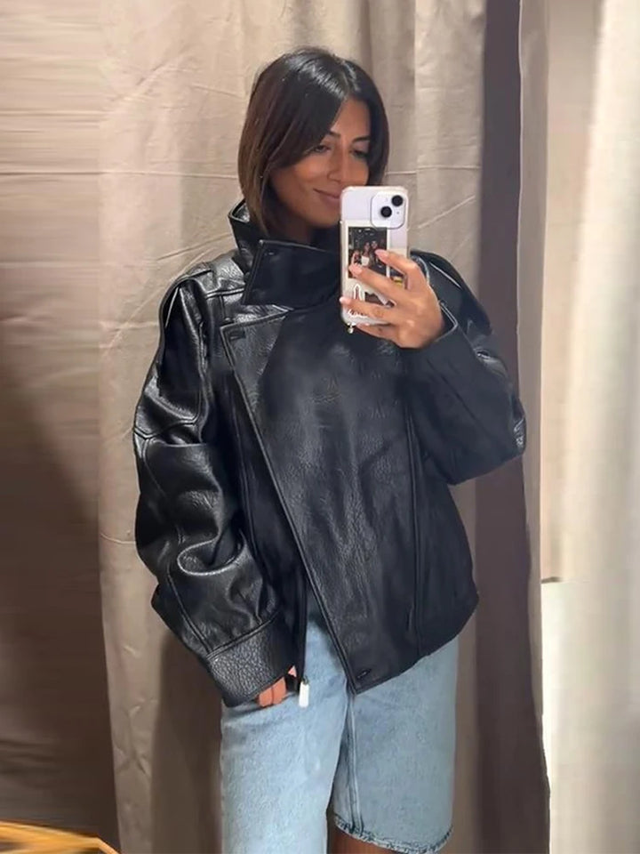 Stand Collar Full Sleeve Button-Up Leather Jacket