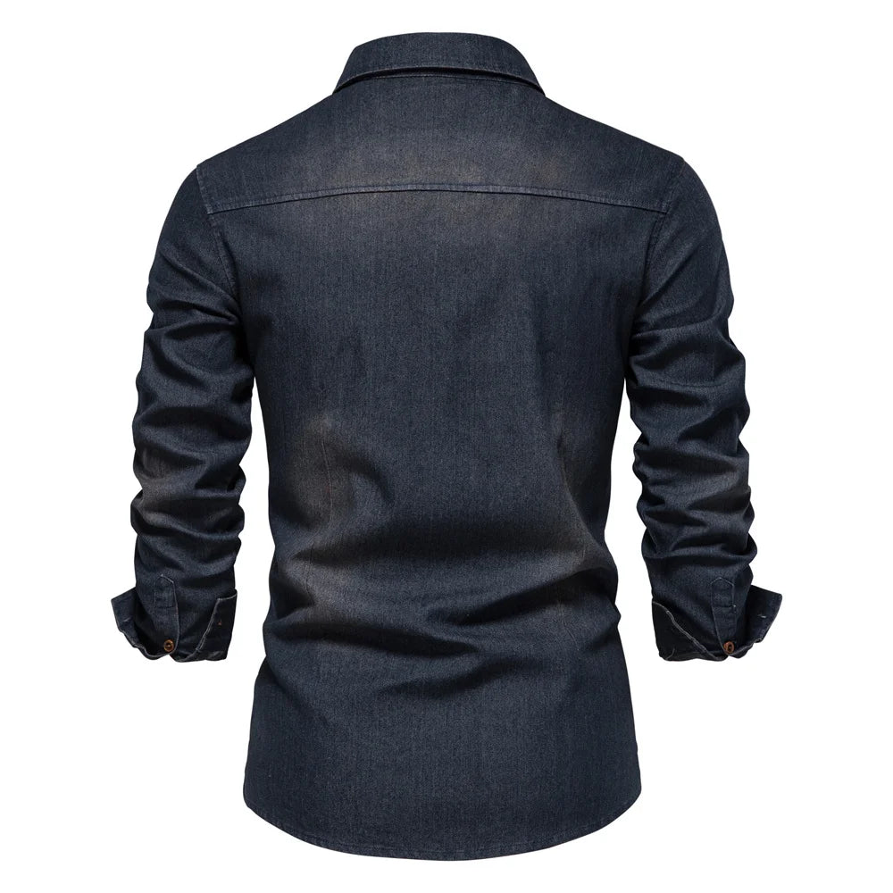 Elastic Slim Fit Long Sleeve Cotton Denim Shirt
