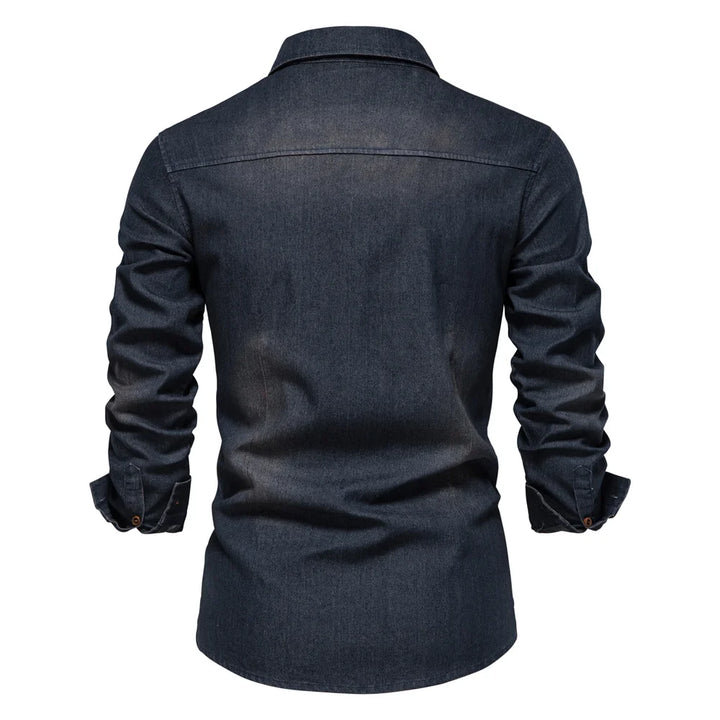 Elastic Slim Fit Long Sleeve Cotton Denim Shirt