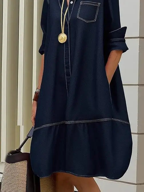 Cotton Midi Retro Loose-Fit Long Sleeve Dress