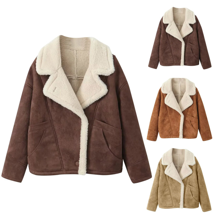 LANA ™| Fleece Lined Retro Bomber Jacket Lambs wool Lapel Overcoat