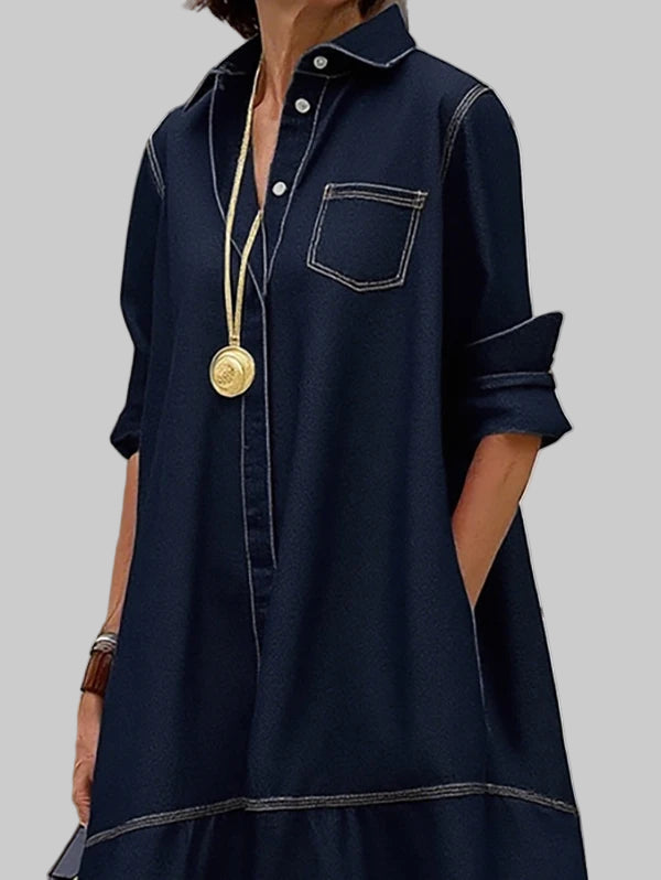 Cotton Midi Retro Loose-Fit Long Sleeve Dress
