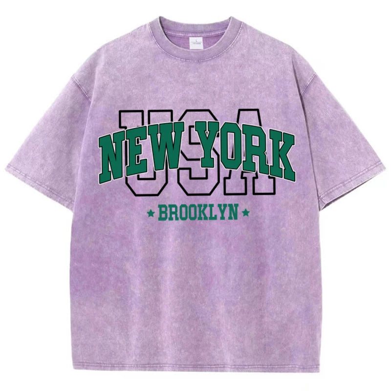 Cotton Washed O-Neck Brooklyn Print Tees