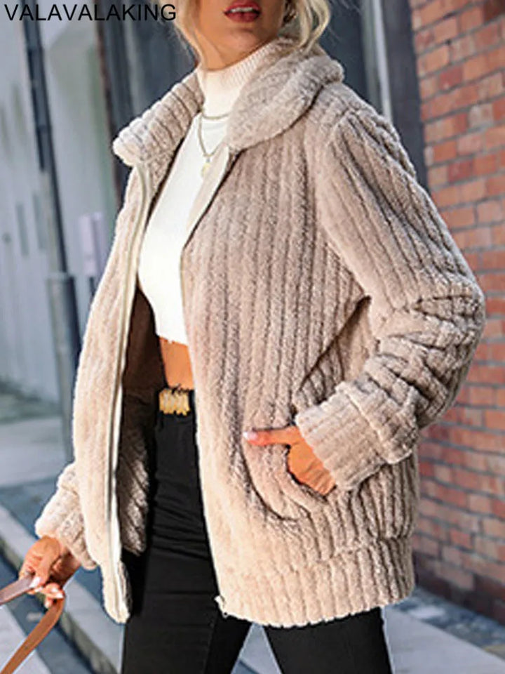 Thick Plush Warm Long Turndown Collar Jacket