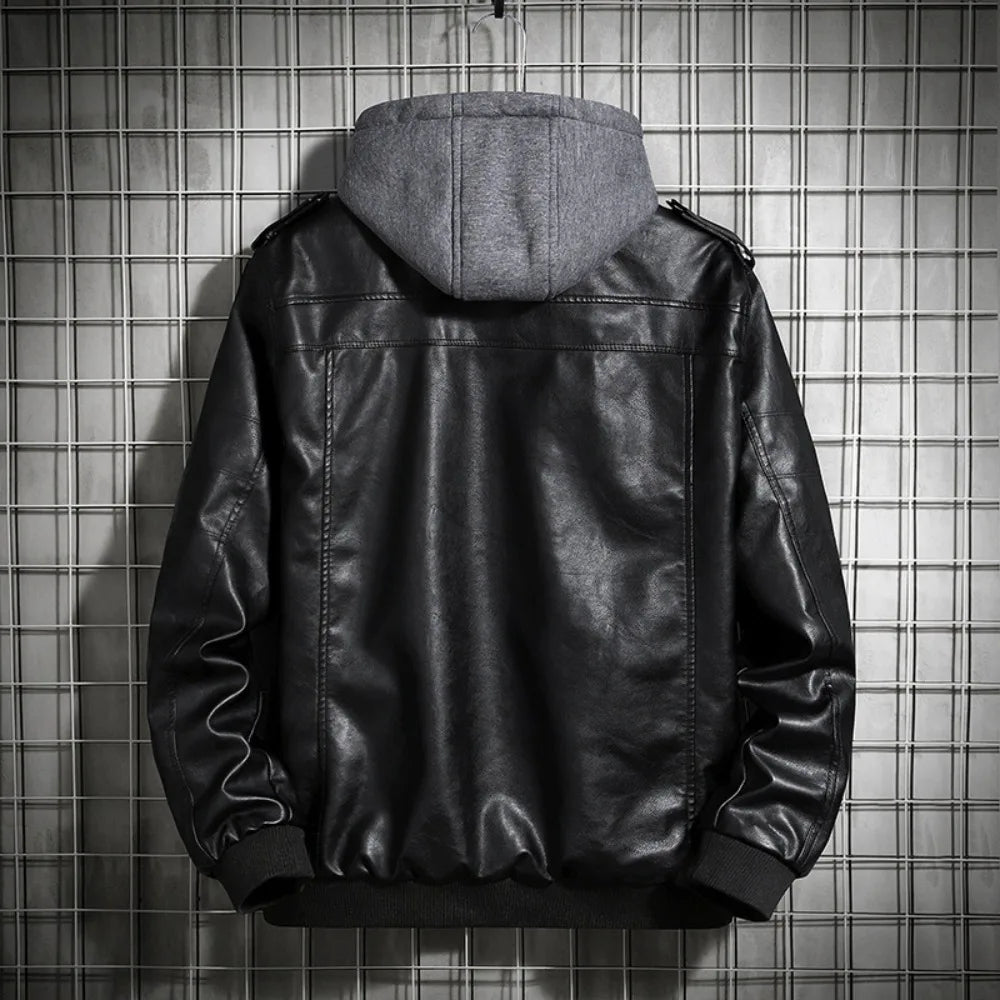 Hooded Leather Motorcycle Winter Coat