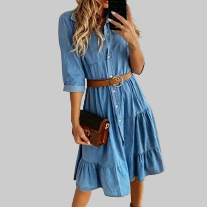 Flounced Edge Denim Solid Color Dress