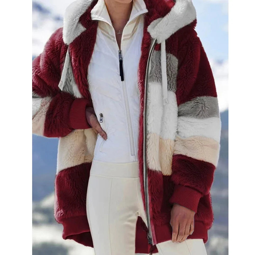 Hooded Thick Cashmere Zippered Plaid Winter Coat