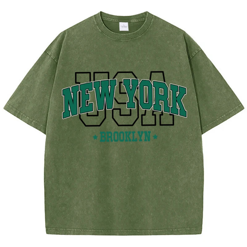 Cotton Washed O-Neck Brooklyn Print Tees
