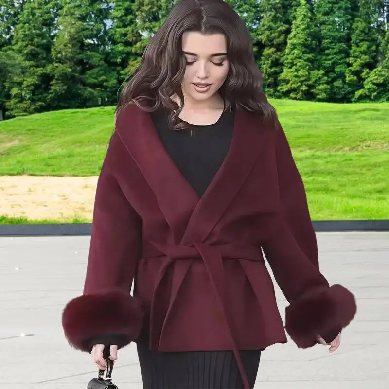 Elegant Lace-Up Woolen Coat