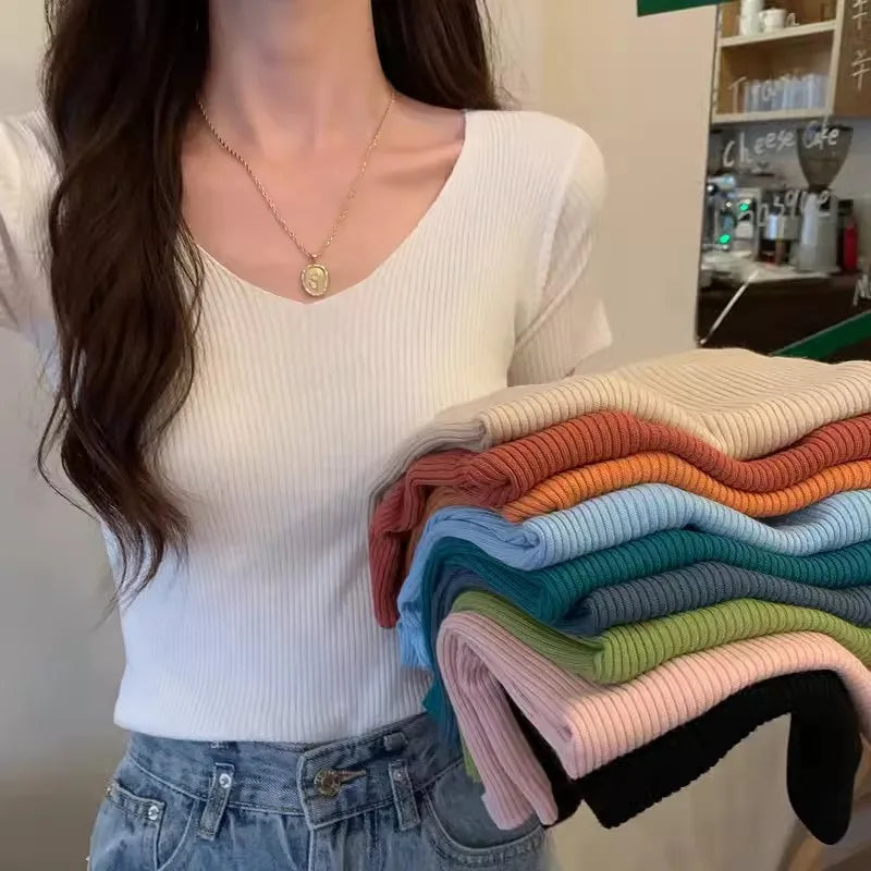 Basic V-Neck Ribbed Knit Pullover - Slim Fit