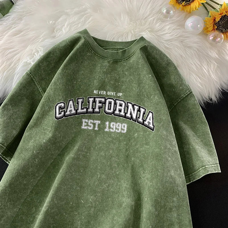 California Style 'Never Give Up' Retro Washed Cotton T-Shirt