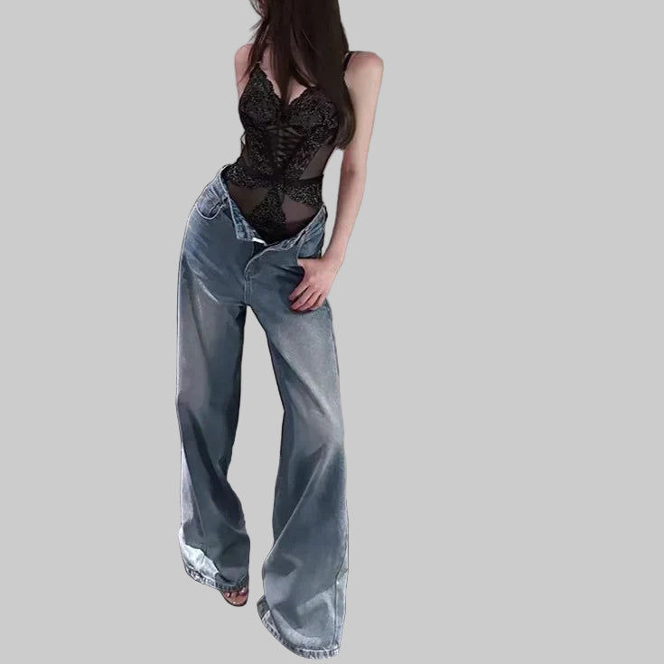 High-Waist Wide-Leg Drapery Washed Jeans