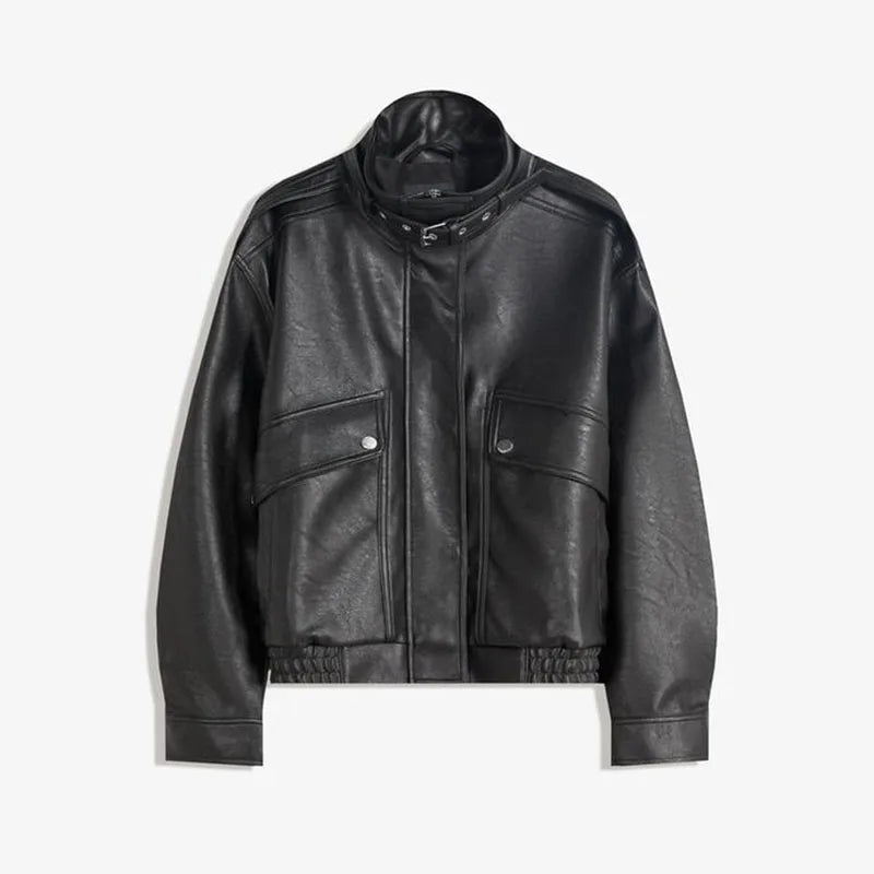 Stand Elastic Hem Leather Coat