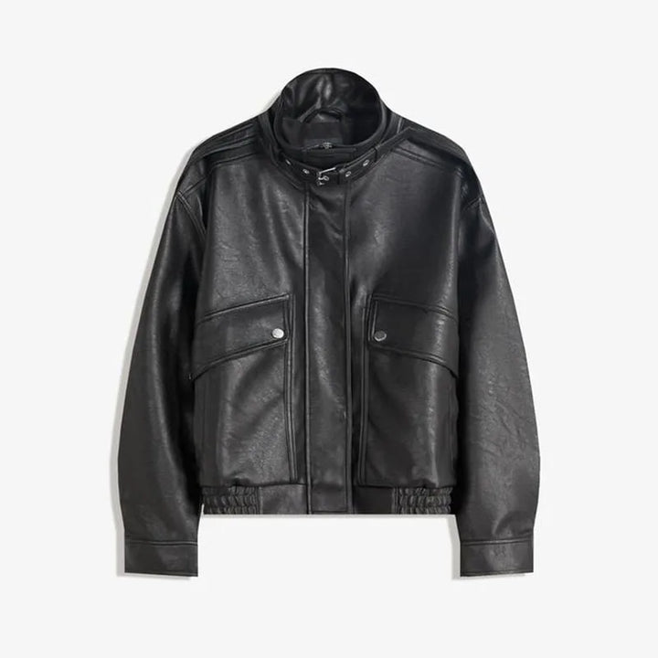 Stand Elastic Hem Leather Coat