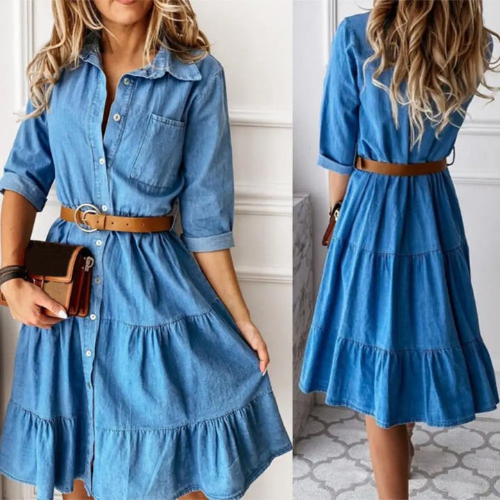 Flounced Edge Denim Solid Color Dress