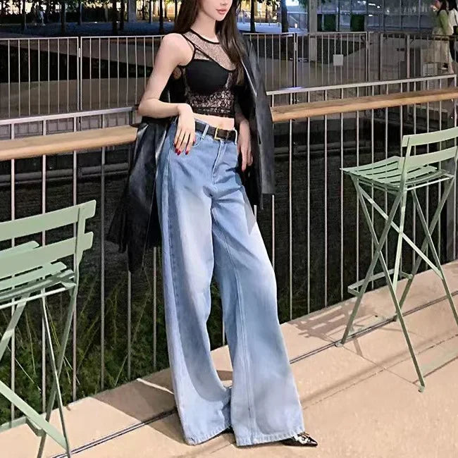 High-Waist Wide-Leg Drapery Washed Jeans