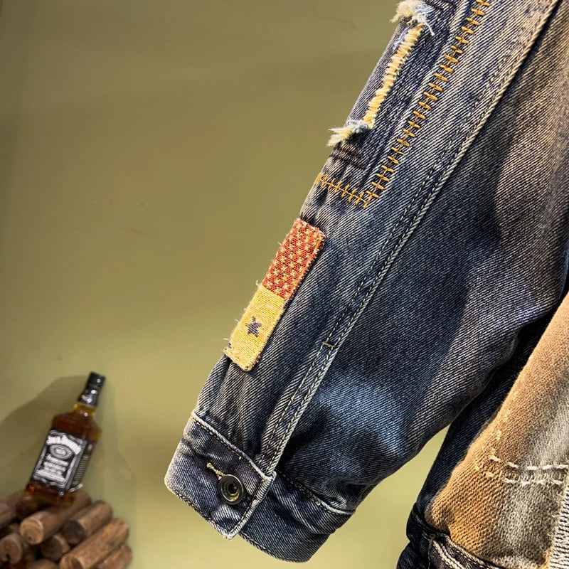 Retro Blue Patched Denim Jacket for Men