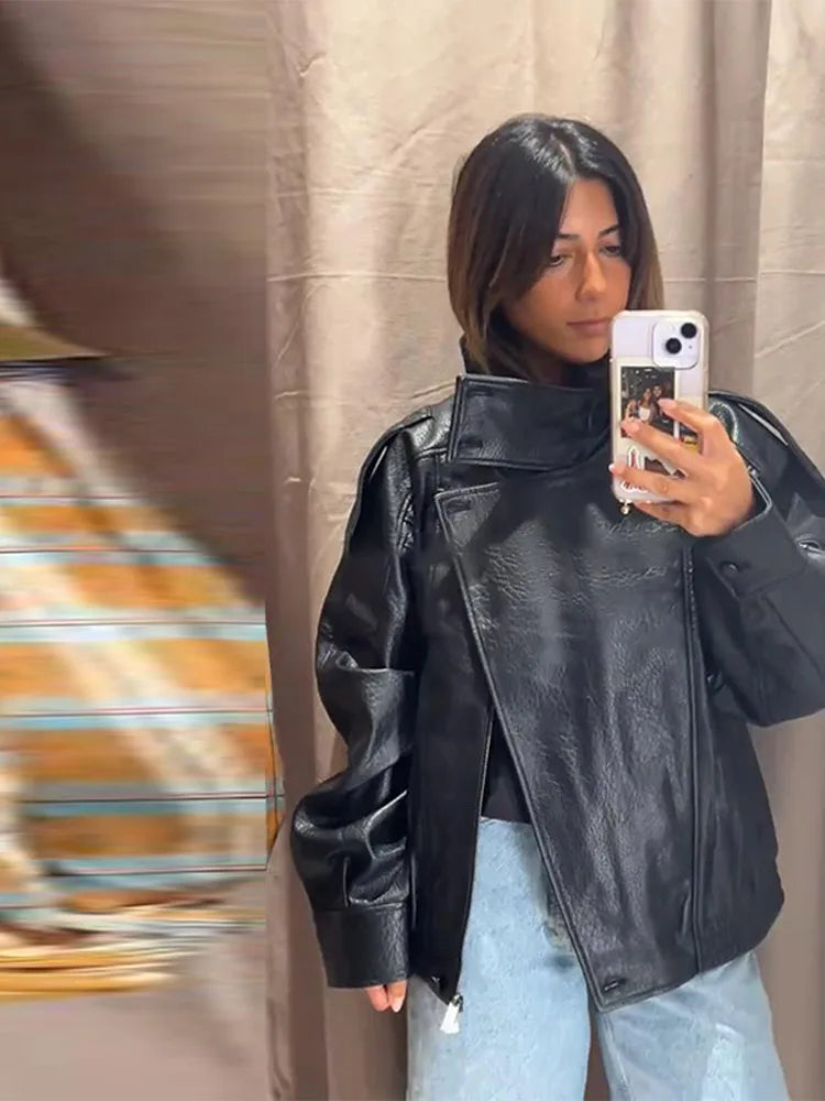 Stand Collar Full Sleeve Button-Up Leather Jacket