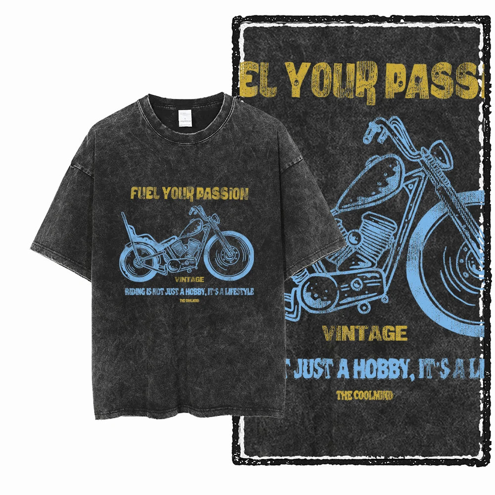 MOTOR CYCLE THEME Printed Cotton Acid Washed Graphic Unisex T Shirt