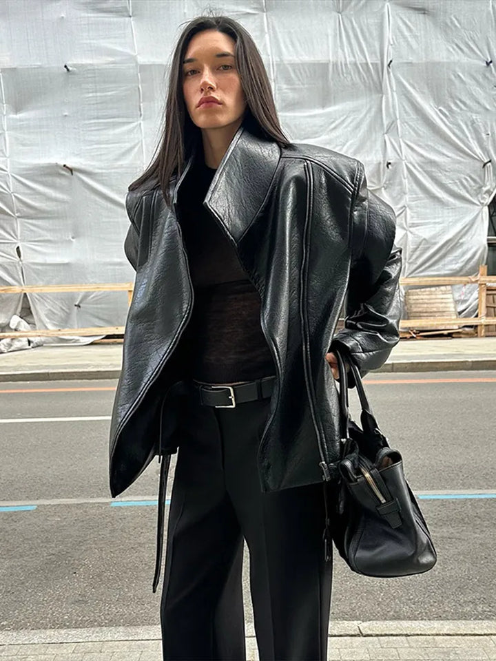 Lace Up Zipper Turn-down Collar Leather Jacket