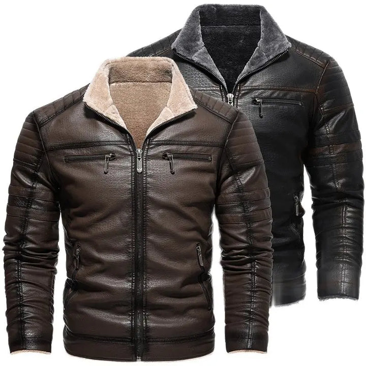 Faux Leather Zippered Fleece Lined Retro Motorcycle Jacket