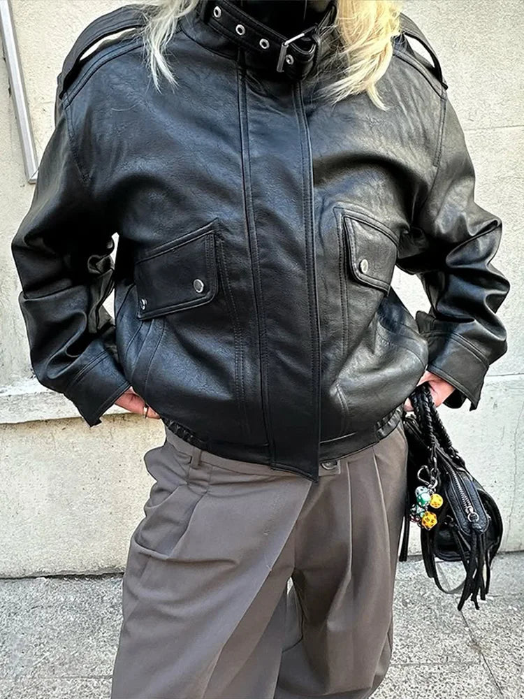Stand Elastic Hem Leather Coat