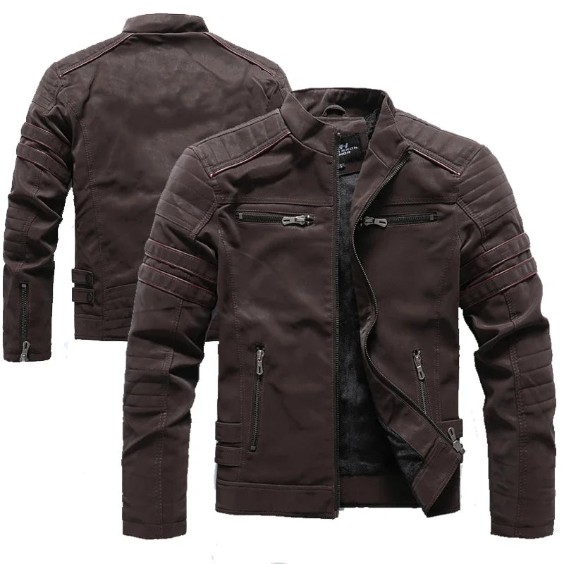 Winter PU Leather Fleece Lined Multi-Pocket Jacket